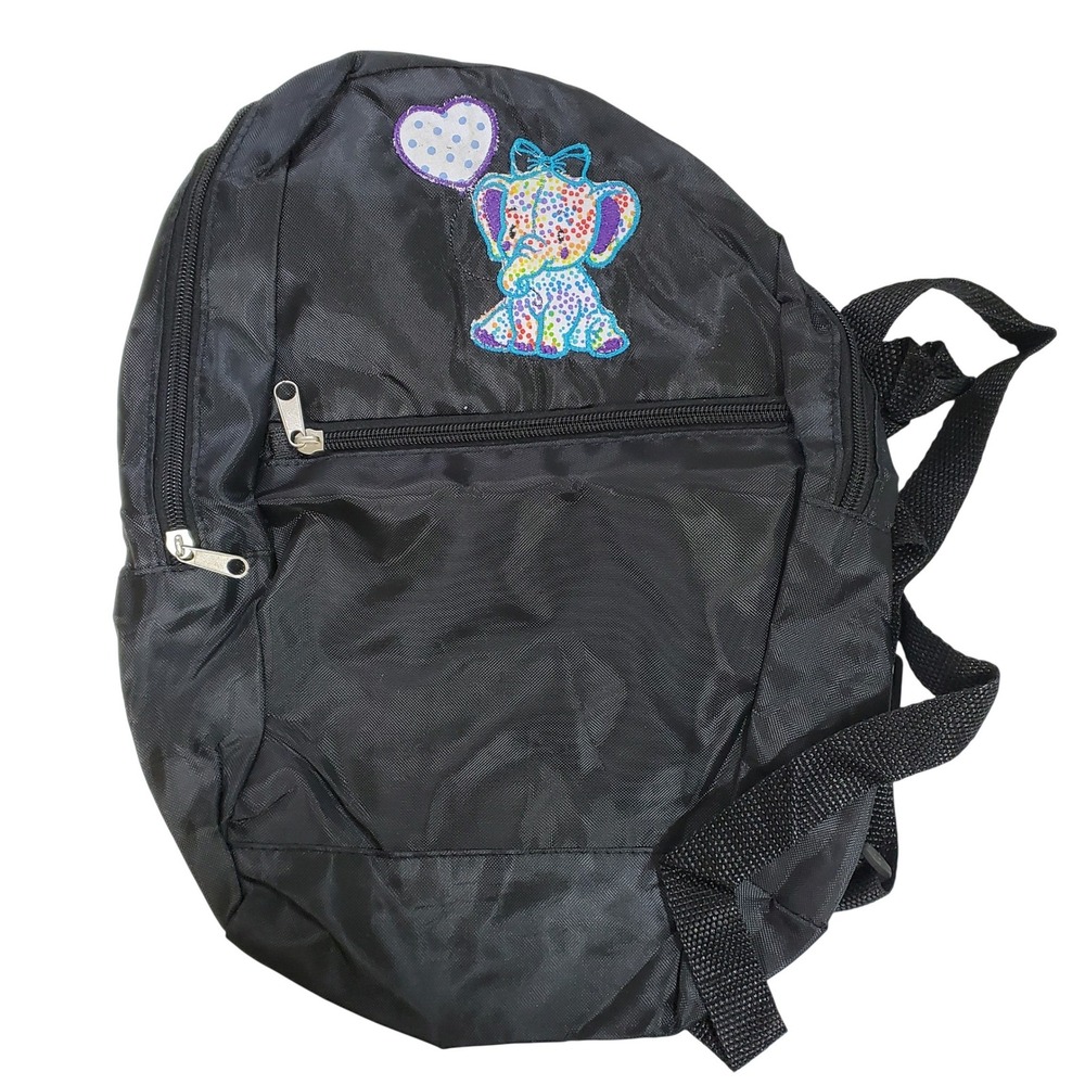 Black Nylon Backpack with Colorful Polka Dot Elephant Patch and Heart Balloon